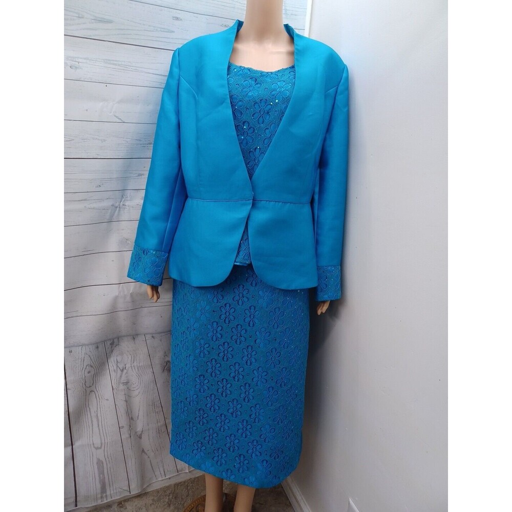 Giovanna 3 Pcs Blazer Jacket Skirt Top Suit Set Beaded Lace Blue Sz 14